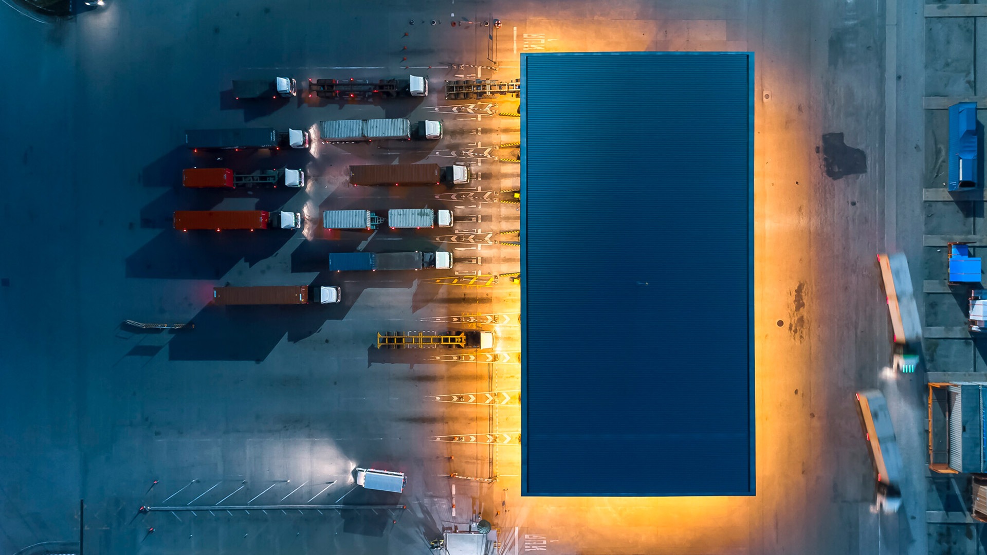 Aerial shot of trucks at a logistics facility