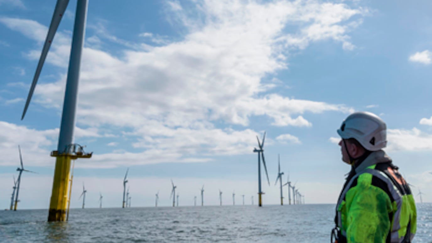 A worker looks out at a windfarm in the ocean