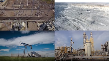 Photo montage: power station, open-cast mine, oil derrick and gas storage facility