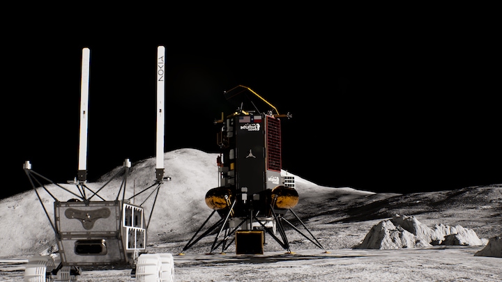 Artist rendering of the Lunar Outpost Mobile Autonomous Prospecting Platform (MAPP) rover with Nokia antennas extended. The images, data and telemetry collected by MAPP will be sent back to the Nova-C lander over the Nokia 4G/LTE network and then relayed to Earth. Mission controllers in Colorado will issue commands to the rover over the same connection. Source: Intuitive Machines and Nokia Bell Labs