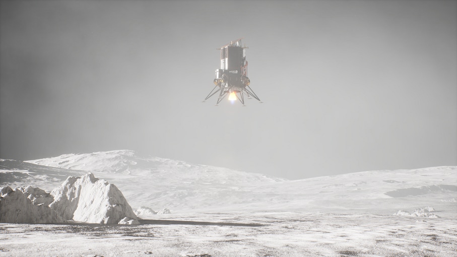 Artist rendering of the Intuitive Machines Nova-C lander making its descent to the lunar surface near Shackleton Connecting Ridge at the Moon’s south pole.