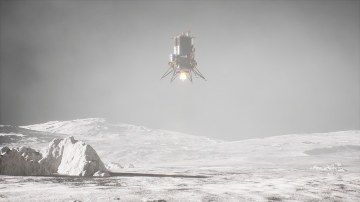 Artist rendering of the Intuitive Machines Nova-C lander making its descent to the lunar surface near Shackleton Connecting Ridge at the Moon’s south pole. Source: Intuitive Machines and Nokia Bell Labs