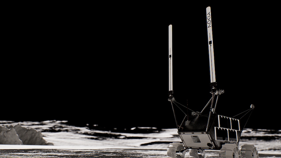 Artist rendering of the Lunar Outpost Mobile Autonomous Prospecting Platform (MAPP) rover exploring the Moon’s surface. During its multiday mission, the rover will autonomously map the lunar surface, collect stereo imagery and thermal data, and inspect samples of lunar regolith in a special bin mounted in its wheels. Pictures of those samples, along with imaging, map and telemetry data will be transmitted to the Nova-C lander via Nokia’s 4G/LTE network and then relayed back to Earth.