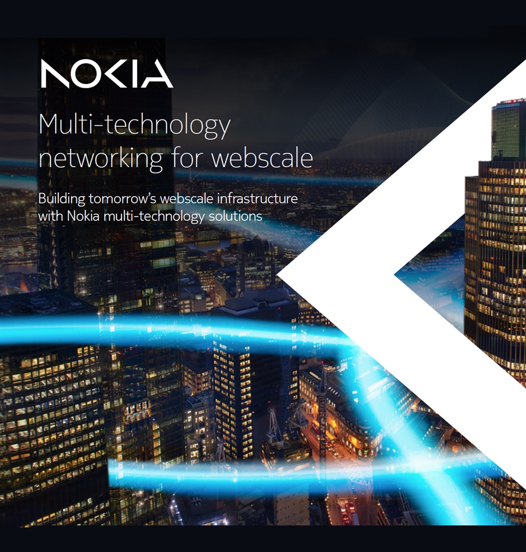 An image with a colourful cityscape in the background, with Nokia's logo in white, and the text "Multi technology networking for webscale".