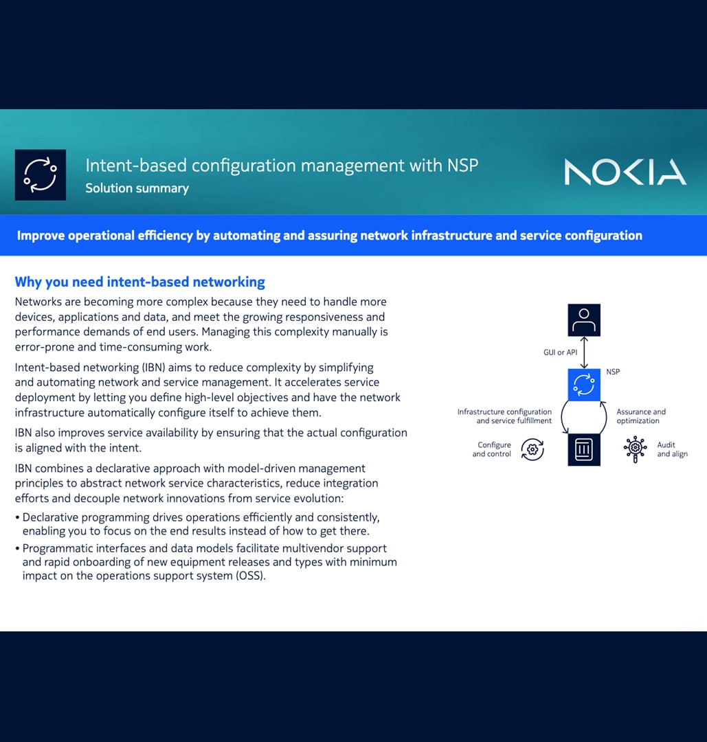 An image of the first page from the "Intent-based configuration management with NSP" solution summary.