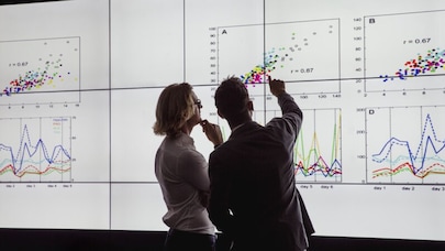 Two people working on screen