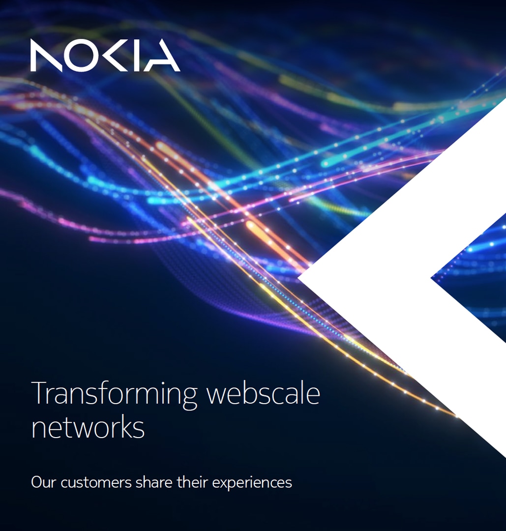 An image with colourful abstract waves in the background, Nokia's logo in white, and the text "transforming webscale networks".