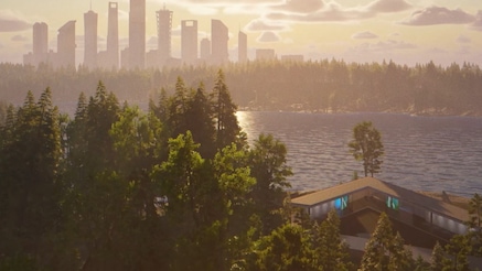 Future city skyline over a forest