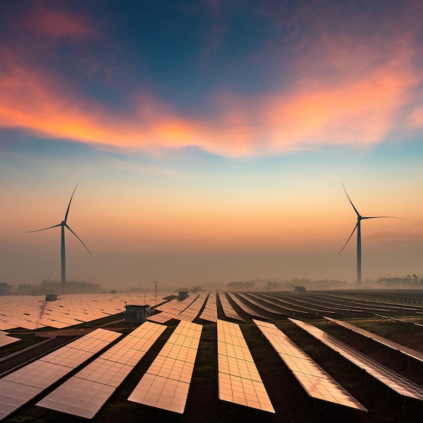 Solar farm at sunset with two wind turbines in the background