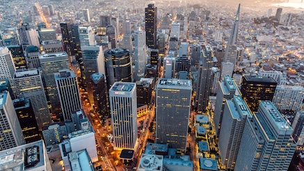 City skyscrapers at dusk