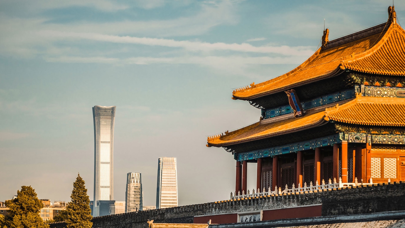 Photograph of skyscrapers with pagoda in forgeound