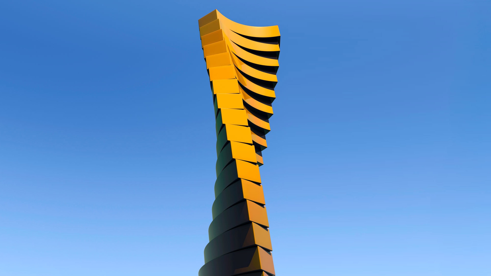 Twisting tower against a blue sky