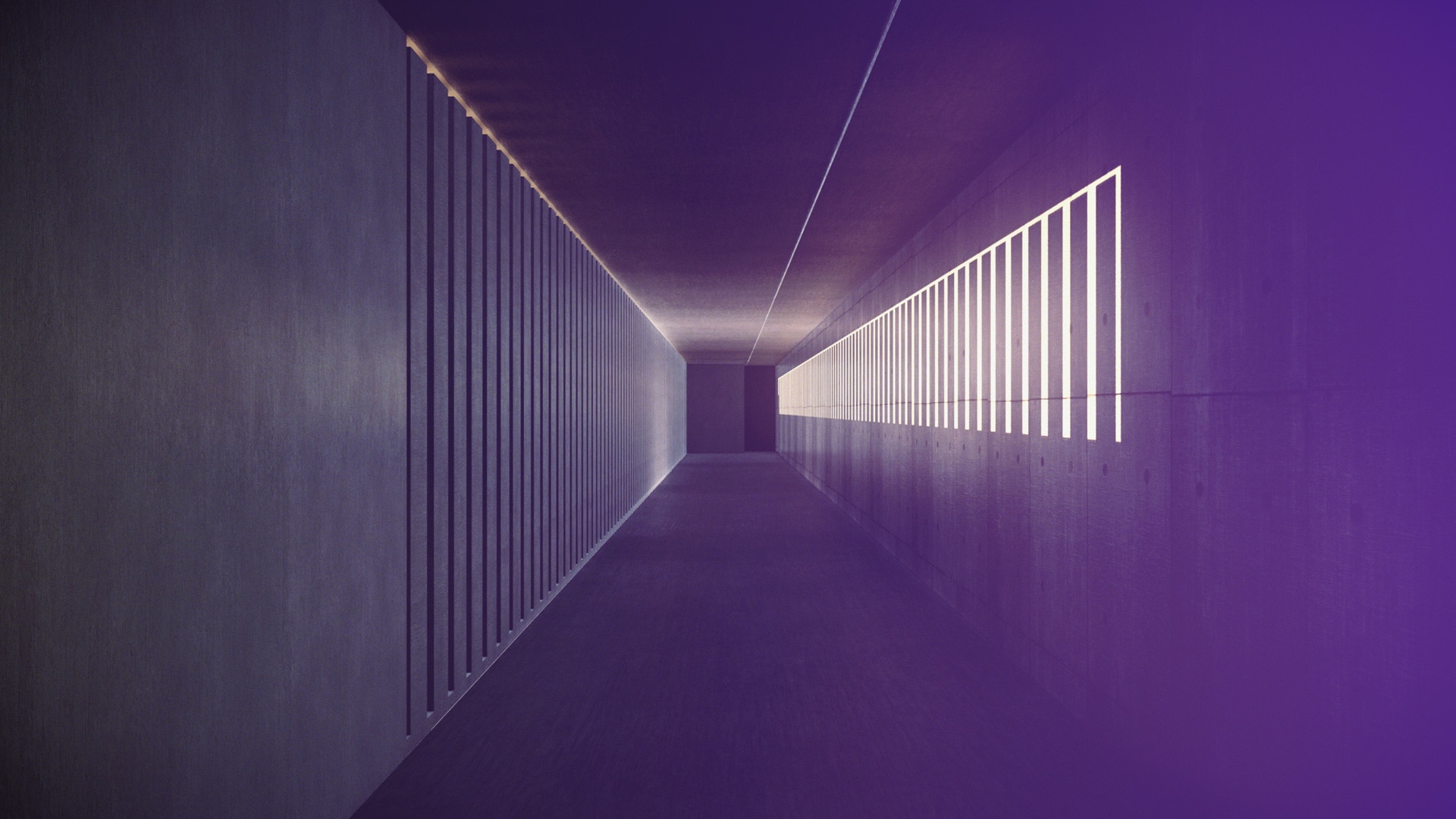 View along length of purple corridor with light coming in through slats to the right