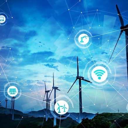 Wind farm with connected icons overlaid