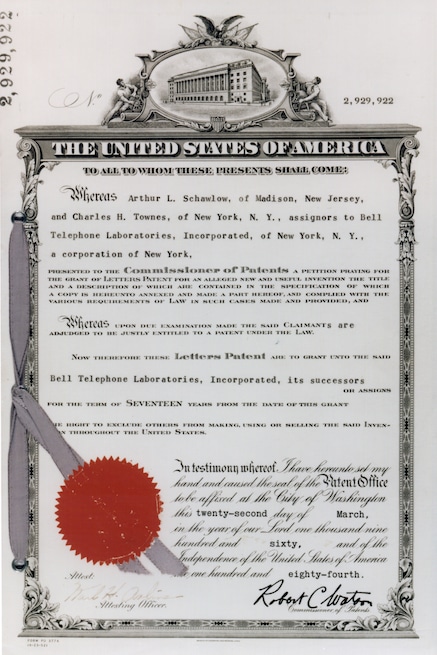 Schawlow and Townes received a patent for the invention of the laser, the same year a working laser was built by Theodore Maiman at Hughes Aircraft Company.