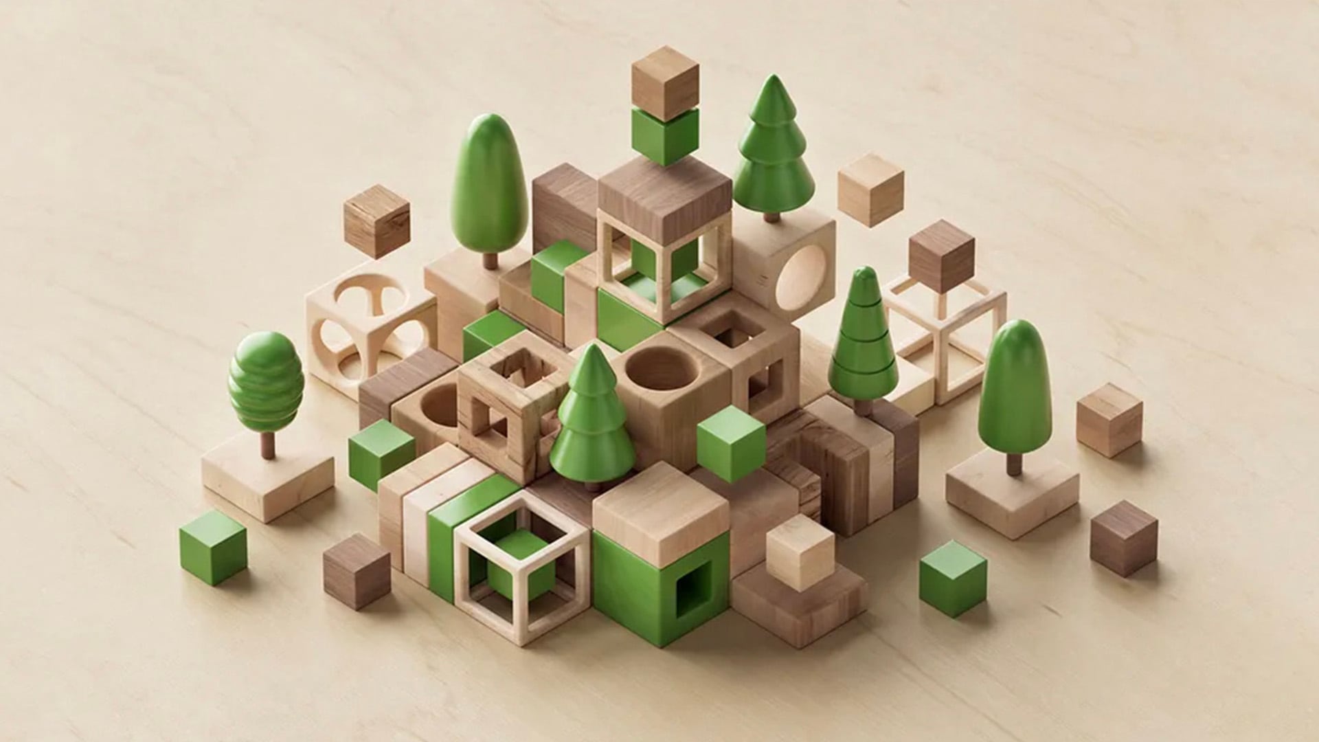 A 3D Render of wooden cubes representing a sutainable environment