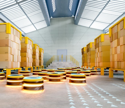 3D Render of logistics robots within a warehouse