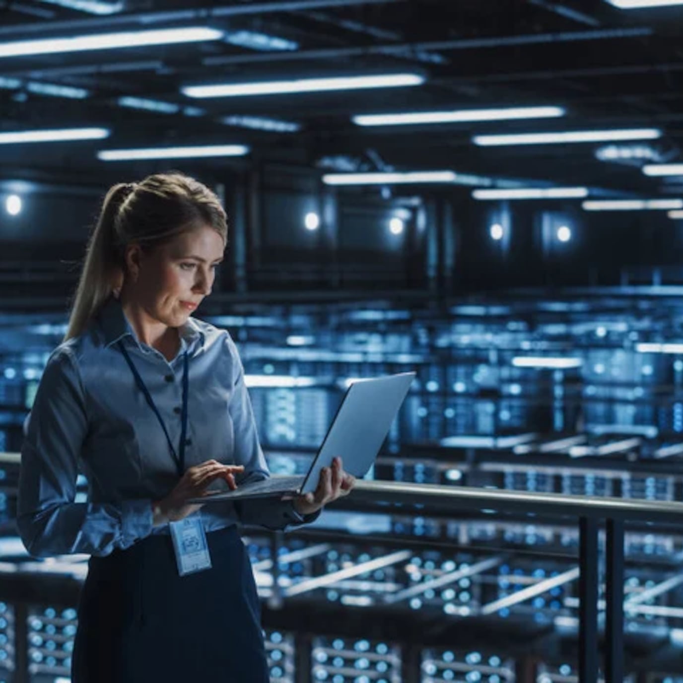 a woman working in a large data center