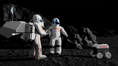 Graphic rendering of two astronauts on the moon