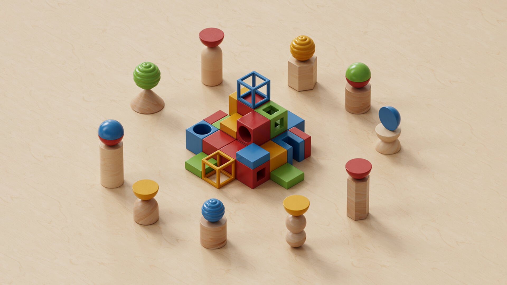 A collection of colorful wooden blocks and shapes arranged in a circle around a central tower of blocks