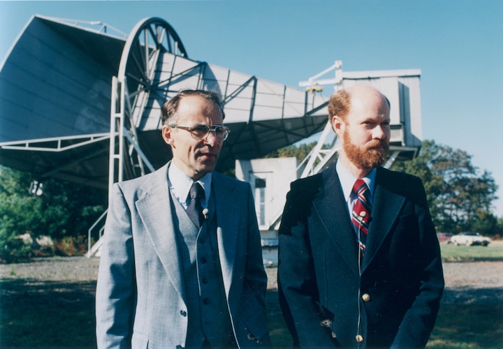 Arno Penzias (left) and Robert Wilson (right) in front of the Holmdel Horn Antenna. In 1964, they confirmed the “Big Bang” theory of the origins of our universe and  won the 1978 Nobel Prize for Physics for their discovery.