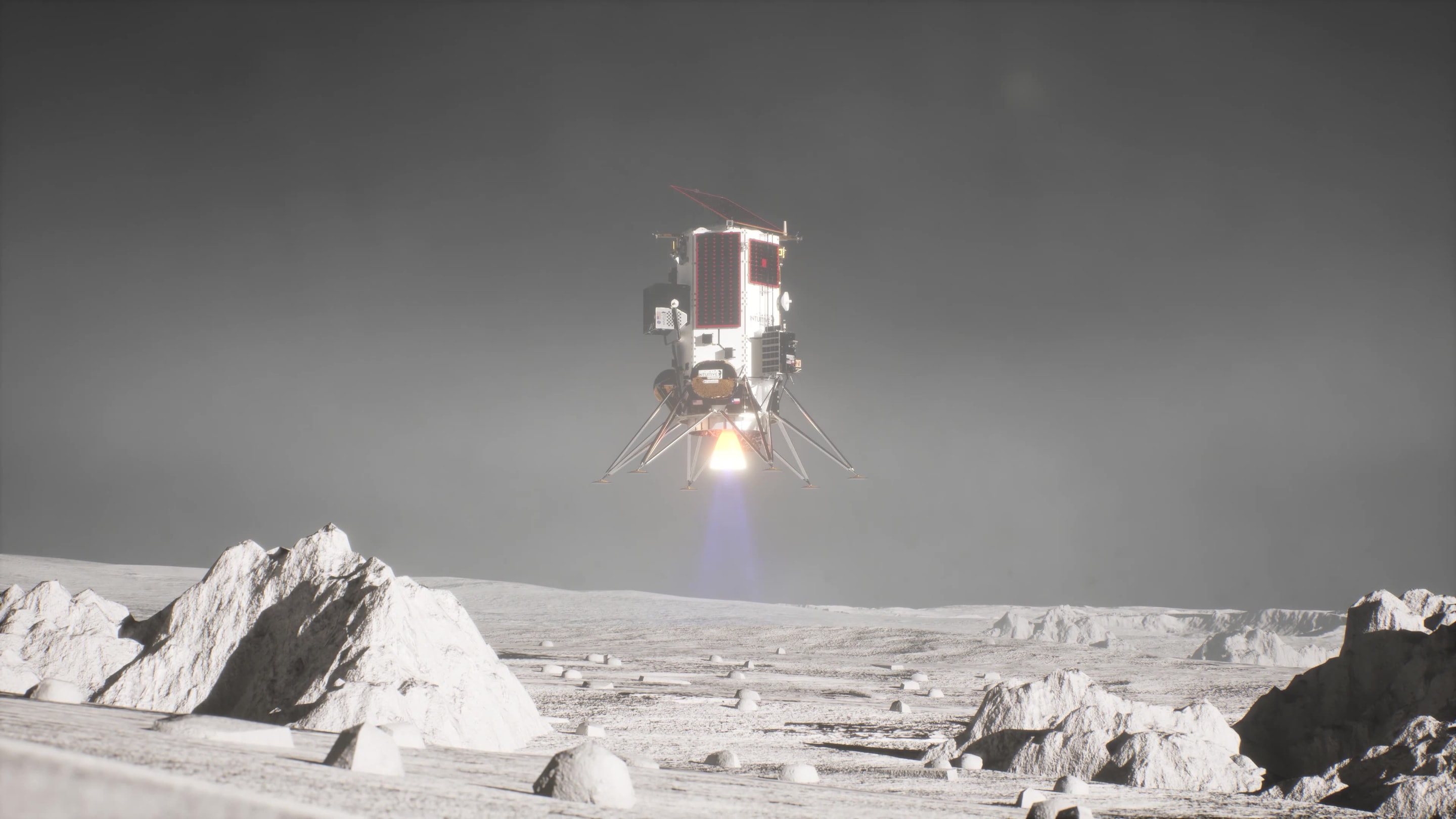 Artist rendering of Athena, the Intuitive Machines Nova-C lander, making its descent to the lunar surface at the Moon’s south pole. Source: Intuitive Machines and Nokia Bell Labs