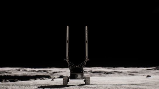 Artist rendering of the Lunar Outpost Mobile Autonomous Prospecting Platform (MAPP) rover exploring and autonomously mapping the lunar surface, collecting stereo imagery and thermal data, and inspecting samples of lunar regolith in a special bin mounted in its wheels. Pictures of those samples, along with imaging, map and telemetry data will be transmitted to Athena, the Intuitive Machines Nova-C lander, via Nokia’s 4G/LTE network and then relayed back to Earth. Source: Intuitive Machines & Nokia Bell Labs.