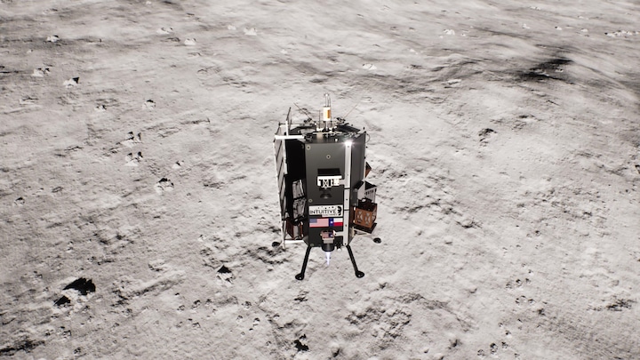 Artist rendering of the Grace, Intuitive Machines Micro Nova hopper, propelling itself over the surface of the Moon. Maintaining a near-constant connection to the Nokia 4G/LTE network, Grace will descend into a lunar crater to search for evidence of lunar water in areas of permanent shadow.  Source: Intuitive Machines