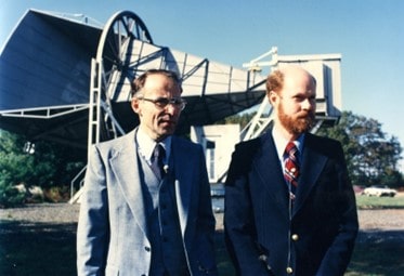   Arno Penzias (left) and Robert Wilson (right) in front of the Holmdel Horn Antenna