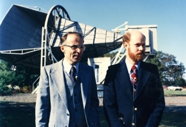 Arno Penzias (left) and Robert Wilson (right) in front of the Holmdel Horn Antenna