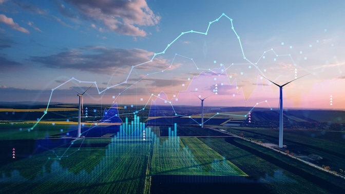 Wind turbines with digital network overlay in tranquil landscape