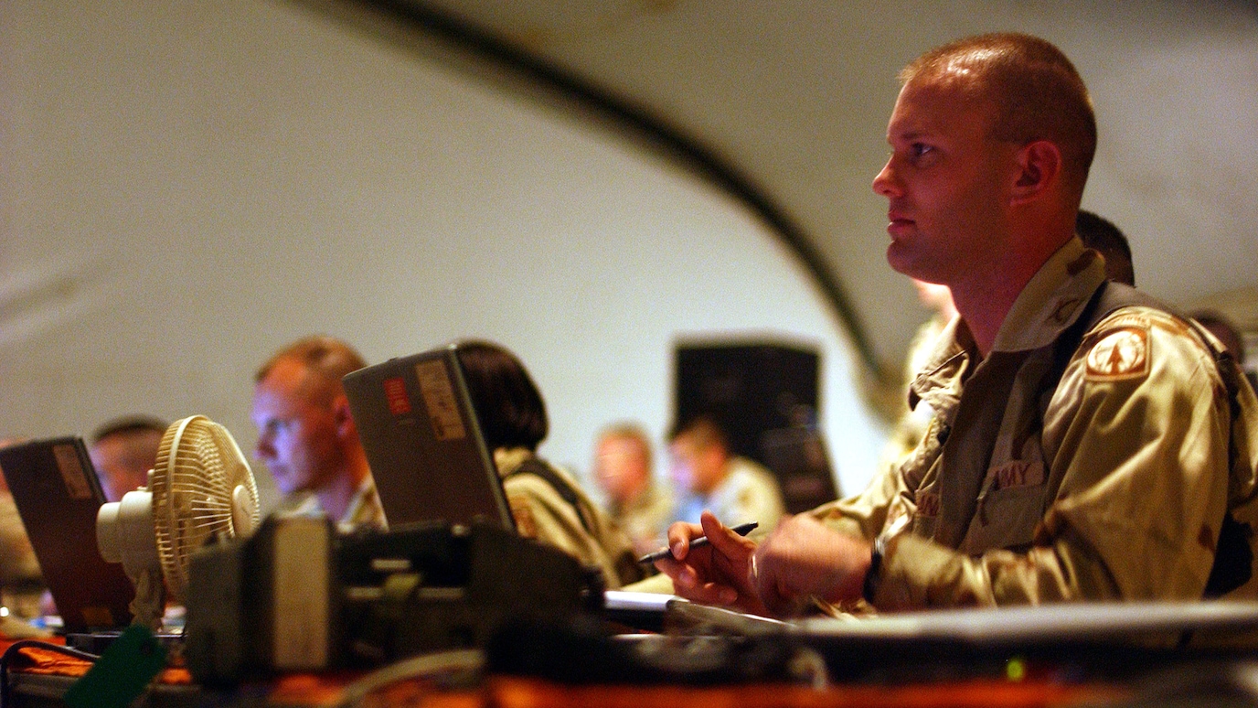 Soldier in forward operations center