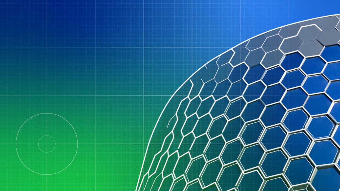 Abstract 3D honeycomb structure on a blue-green gradient background representing security, data networks, and digital connectivity.