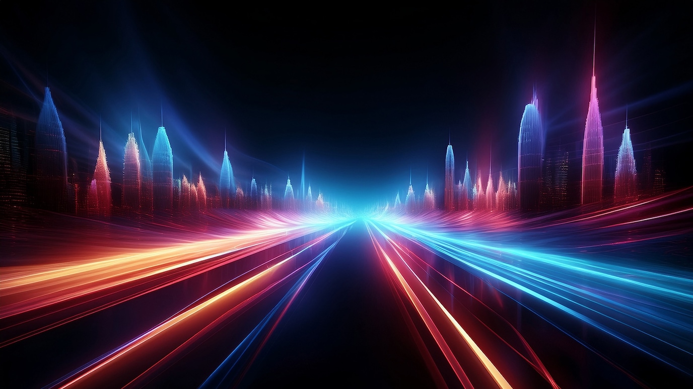 Futuristic cityscape with colorful light trails and glowing skyscrapers in blue and red tones at night.
