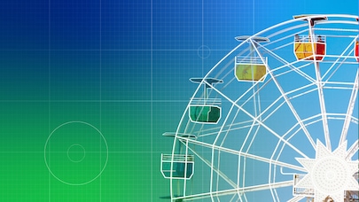 Ferris wheel with green and blue background with geometric shapes