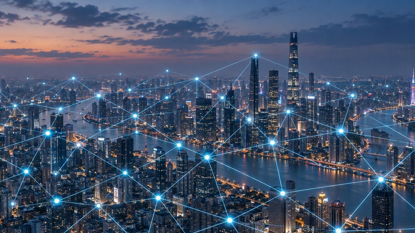 Metropolitan skyline overlaid with interconnected network nodes representing dis