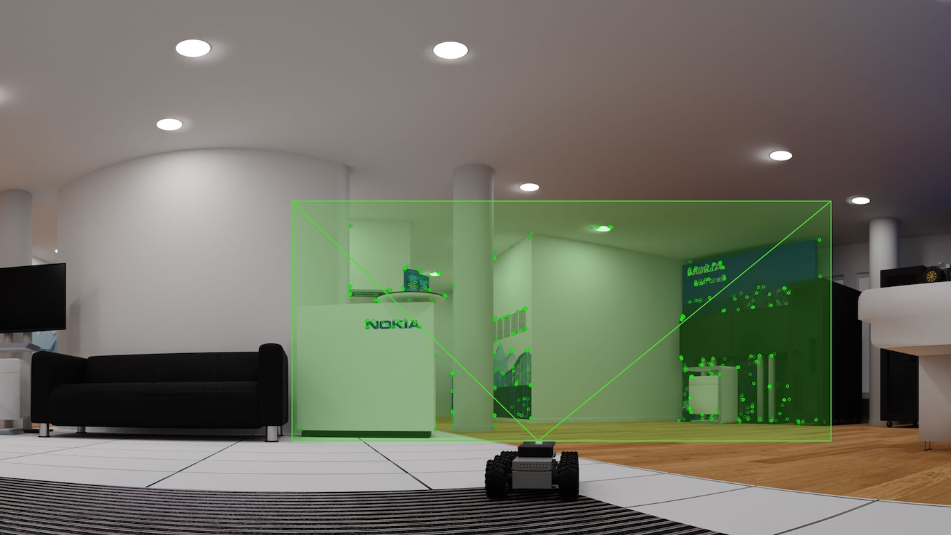 AMR using cameras to sense its location be detecting vertices in the environment