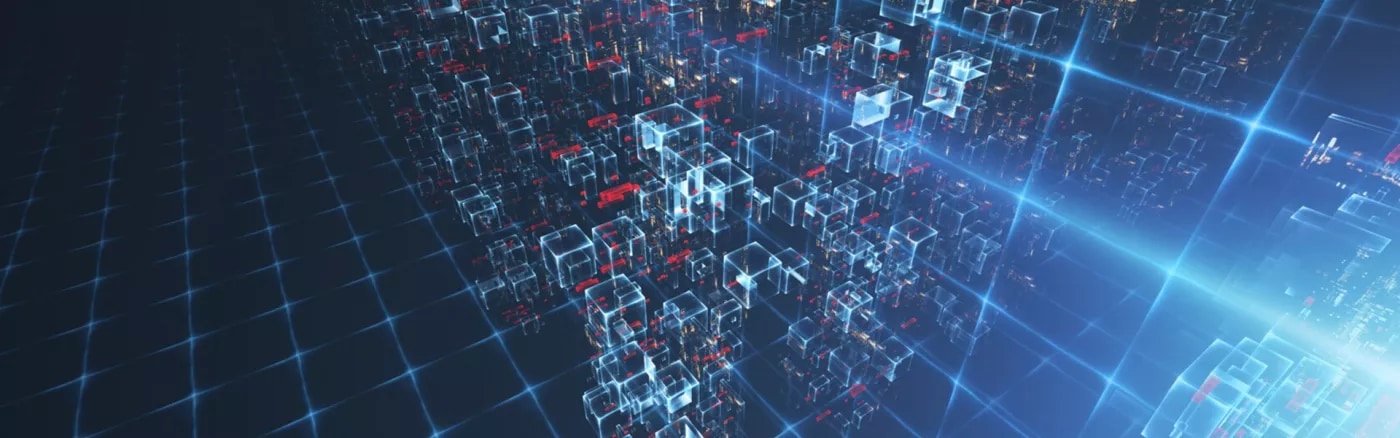 A futuristic abstarct image of blue cubes in a blue grid.