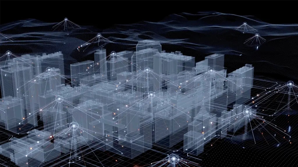 A digital representation of a cityscape, featuring transparent 3D-rendered buildings interconnected by glowing nodes and lines