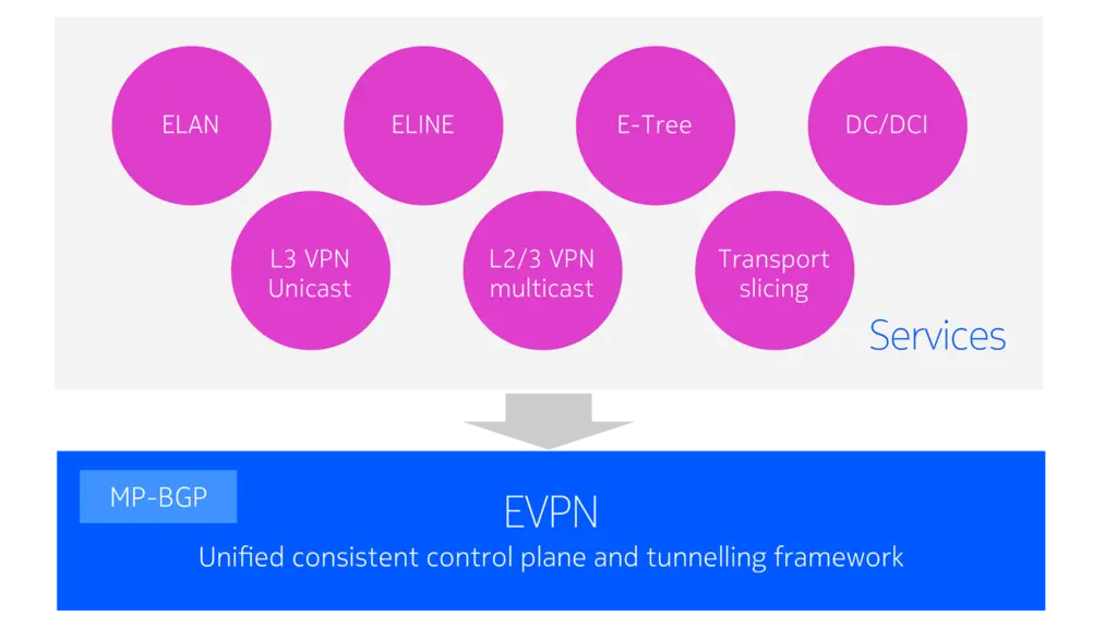 Diagram showing that EVPN can provide a unified control plane and tunneling framework for different VPN services.