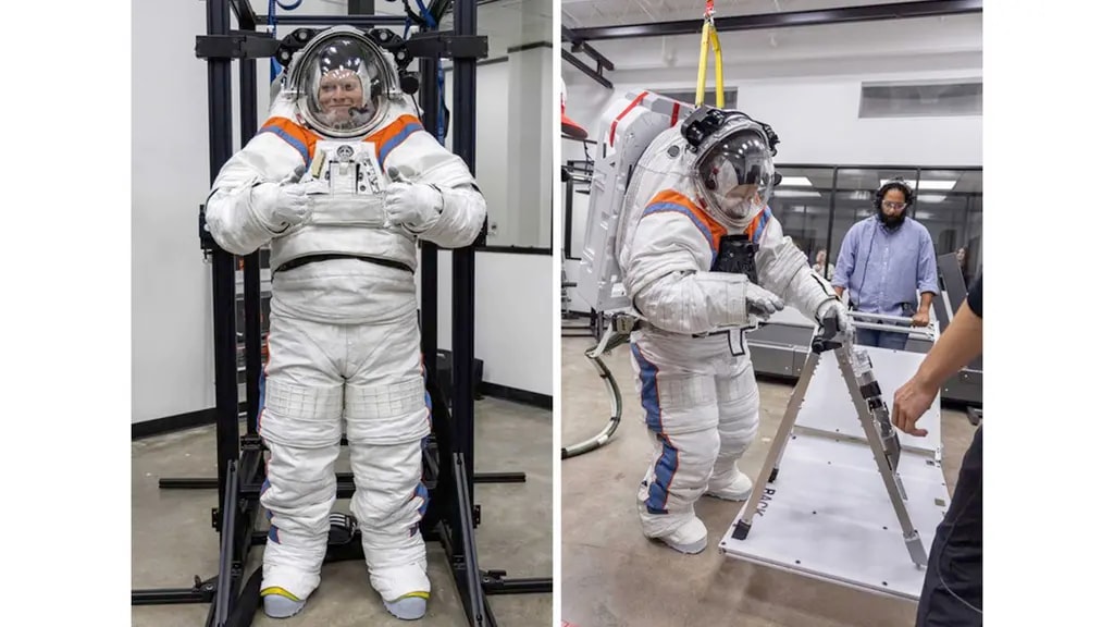 Side-by-side images of an xEMU spacesuit. The left image shows the full suit mounted on a stand, with white material and blue/orange accents. The right image shows the suit from a different angle during a testing or fitting session.