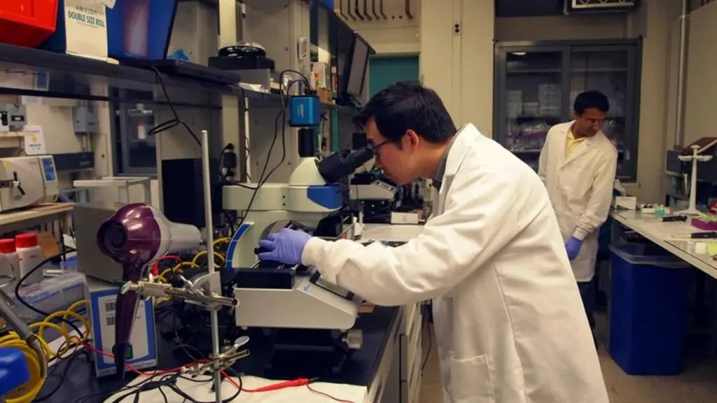 Lab engineer Mingde (Jack) Zheng (left) and Shah (right) work in the physiological communications lab, a lab in Murray Hill dedicated to materials research.