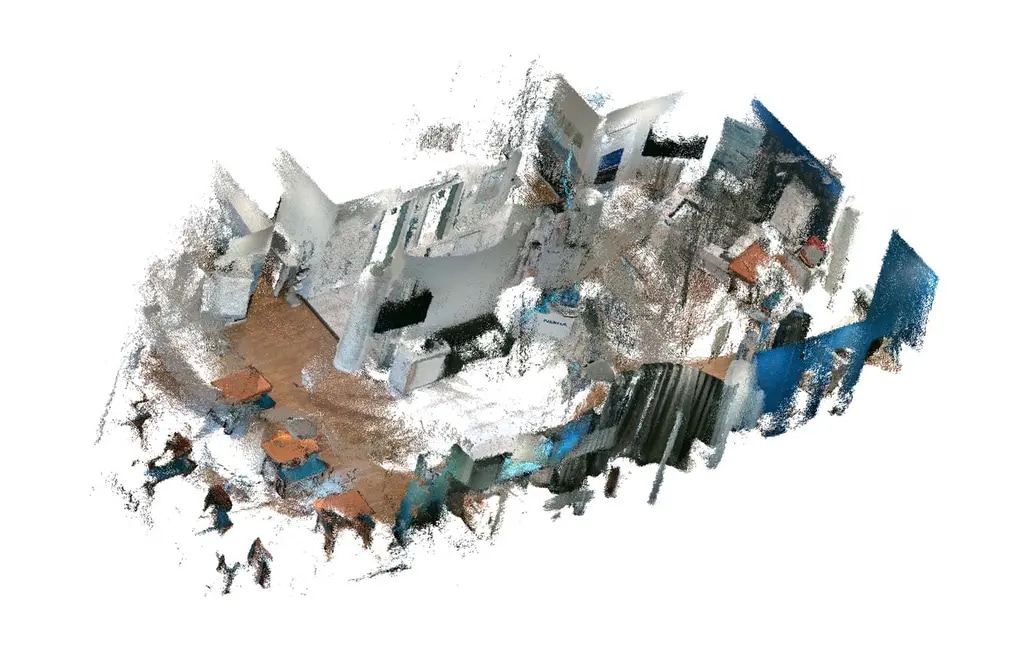 A dense-point-cloud rendering of a building interior generated by AMR camera data