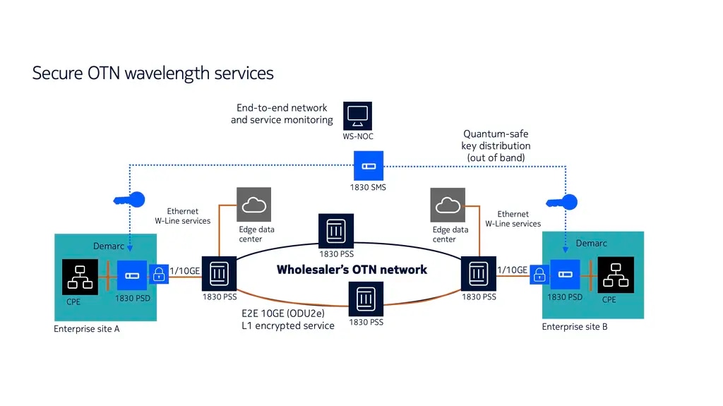 Architecture diagram shows how Nokia 1830 PSD and 1830 SMS can be used to support OTN wavelength services that enable secure, high-performance data center access and interconnectivity