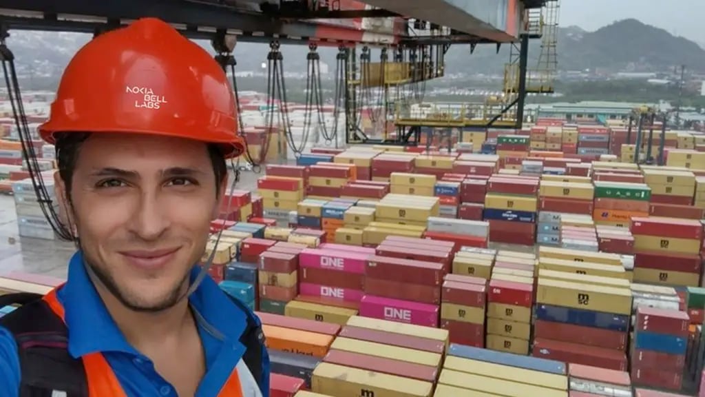 Lelio Di Martino on top of a shipping container crane