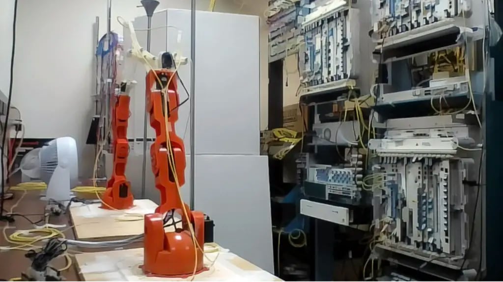 Telecommunications lab with orange robotic arms on a workbench and complex network equipment racks in the background.