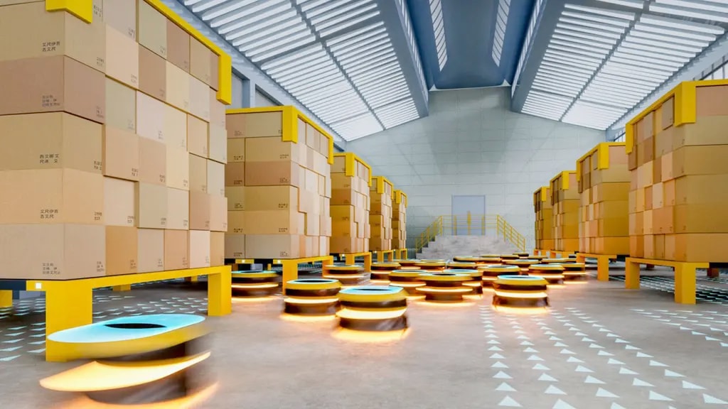 High-tech warehouse interior with stacked boxes, illuminated robotic platforms, and directional arrows on the floor.