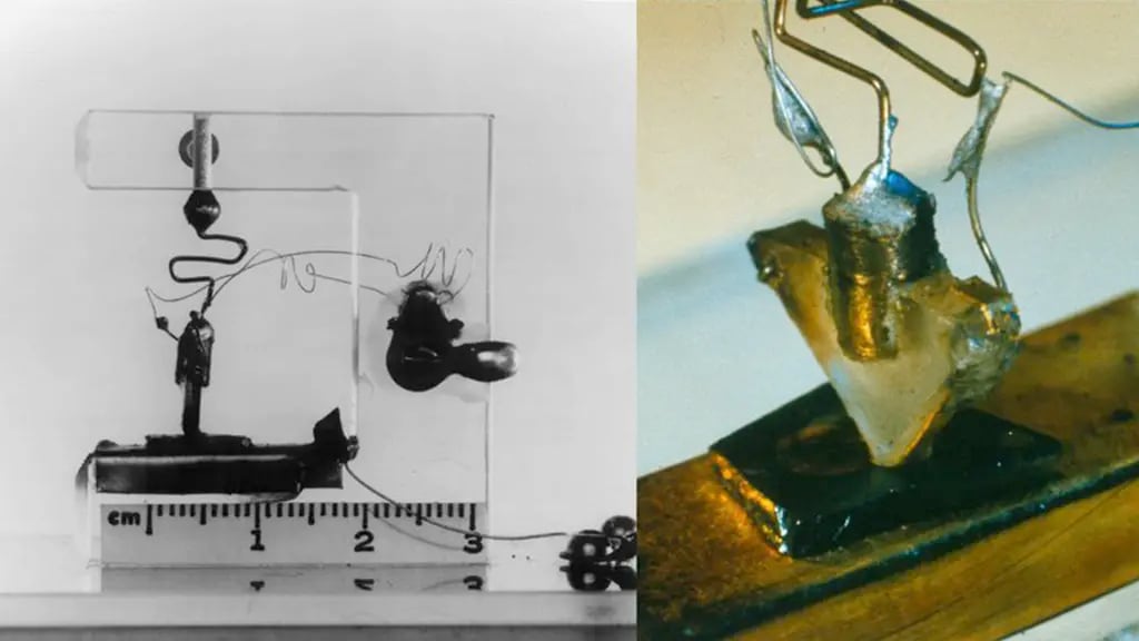 Side-by-side comparison of transistor history. Left: Black and white photo of the first point-contact transistor (1947) with ruler for scale. Right: Color close-up of an early transistor or semiconductor crystal with attached wires.