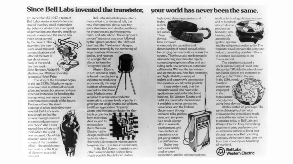 A newspaper clipping celebrating 75 years of the transistor. Timeline shows invention in 1947 at Bell Labs, Nobel Prize win, and evolution from vacuum tubes to modern microchips. Highlights transistor's impact on communications, computing, and consumer electronics.