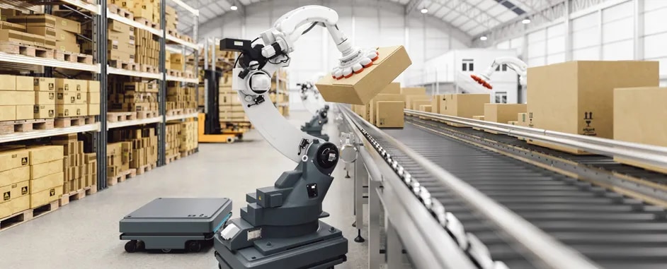 A robot is placing boxes on a conveyor belt in a warehouse